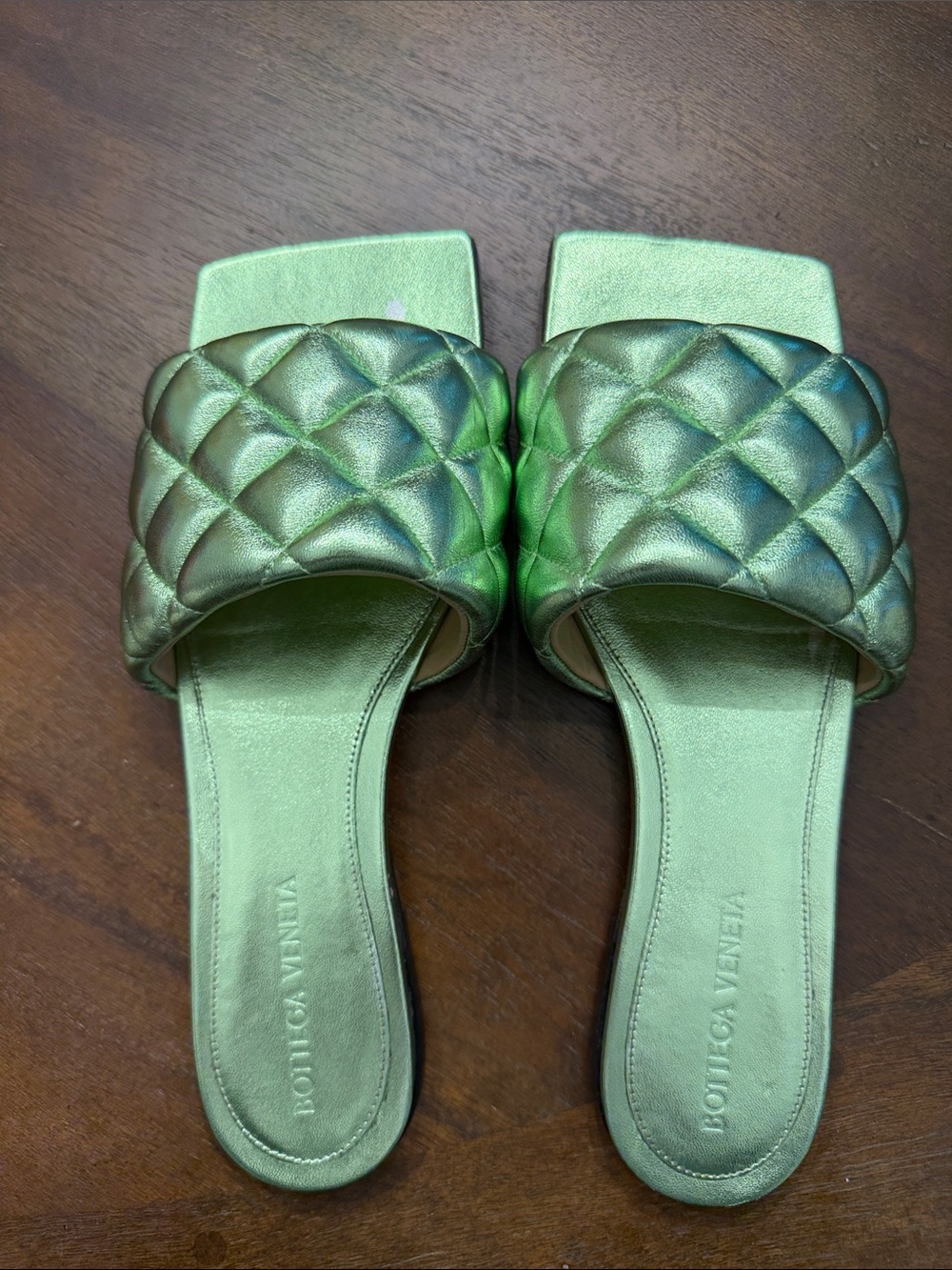 Bottega Veneta Metallic Green Quilted Slide Mules